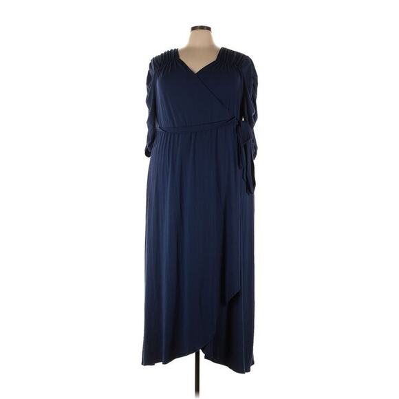 Kiyonna Dress Meadow Dream Style 5X Maxi True Wrap Slimming Navy Blue Ruched - Picture 5 of 9